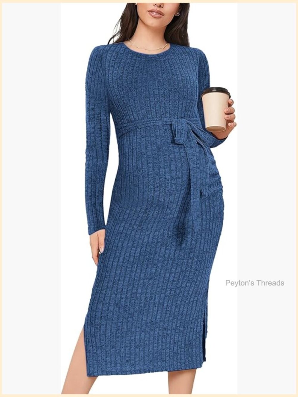 Crewneck Maternity Sweater Dress Rib Knit Long Sleeve Slit Dress with Belt - Picture 1 of 7